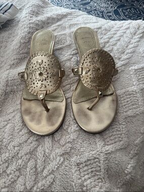Jack Rogers Metallic Gold Leather Thong Sandals with Perforated Medallions